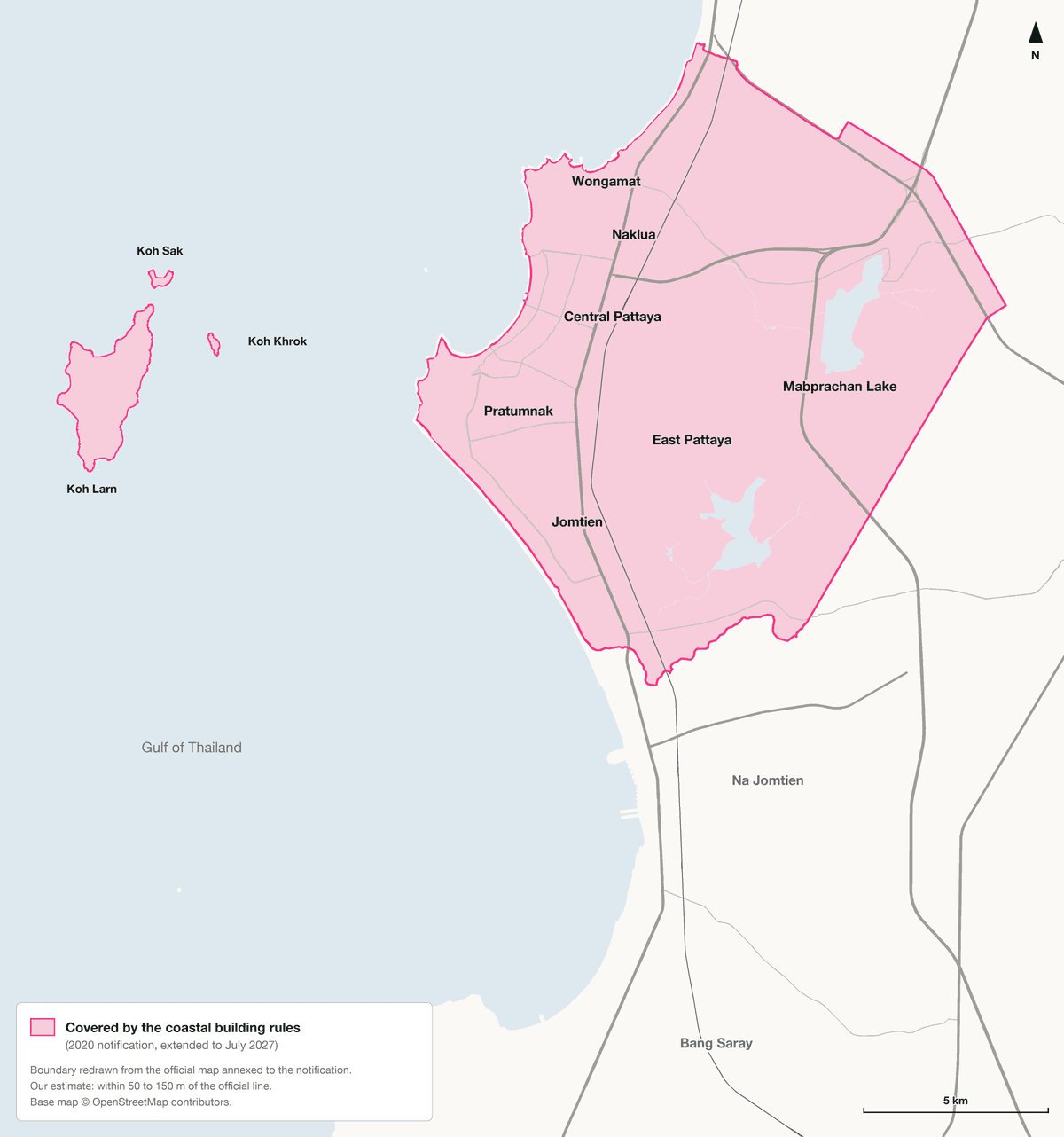 Map of the Pattaya coast from Bang Saray to north of Wongamat. The area covered by the coastal building rules is shaded pink. It includes Wongamat, Naklua, Central Pattaya, Pratumnak, Jomtien, the northern tip of Na Jomtien, East Pattaya, Mabprachan Lake and the islands of Koh Larn, Koh Sak and Koh Khrok. The rest of Na Jomtien and Bang Saray, further south, are outside.