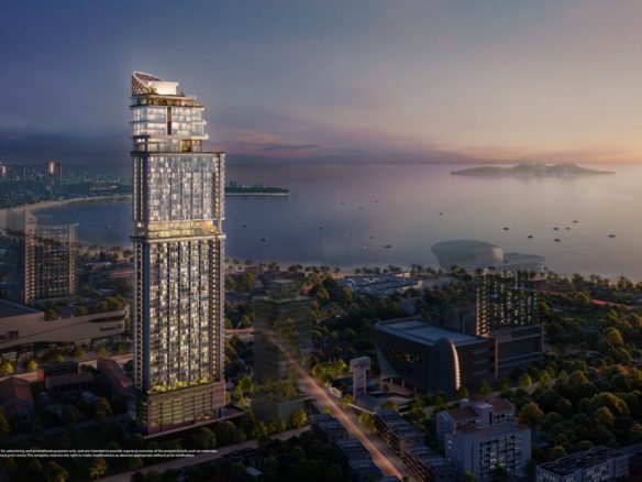 Once Wongamat tower above Pattaya Bay at sunset, developer's render