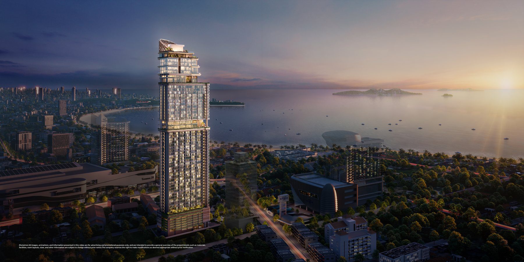 Once Wongamat tower above Pattaya Bay at sunset, developer's render